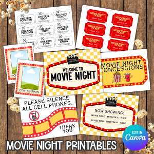 Movie Night Printables | Editable Canva Templates